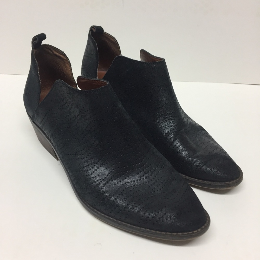 Lucky Brand Black Perforated Leather Ankle Boots Bootie Stacked Block Heel Sz 10